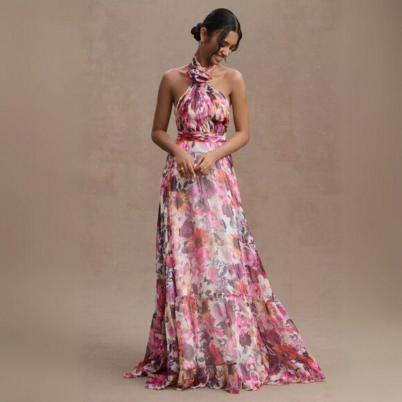 Mac Duggal Size 14 Pink Purple Multicolor Ruffled Halter Floral Gown Maxi Dress - Picture 2 of 6